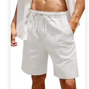 Mens White‎ Drawstring Elastic Waist Linen Blend Casual Shorts Size Large